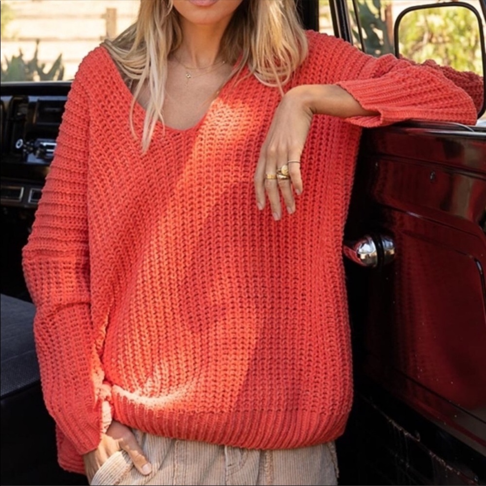 Orange Loose Knit V - Neck Gorgeous Sweater - Picture 4 of 7